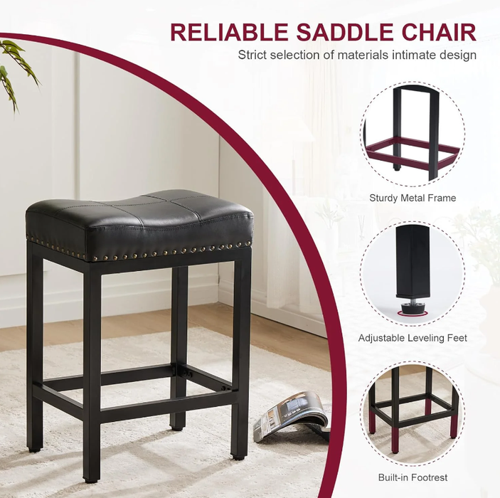 TINKLE WELL Bar Stools Counter Height - 24 Inch Saddle Stools, PU Leather Modern Kitchen Barstools with Metal Base Footrest