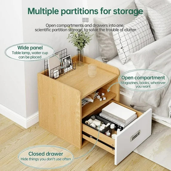 Sybels Wooden Nightstand Bedside Table with Dual Storage, Open Shelf & Drawer Nightstand for Sofa or Bedroom
