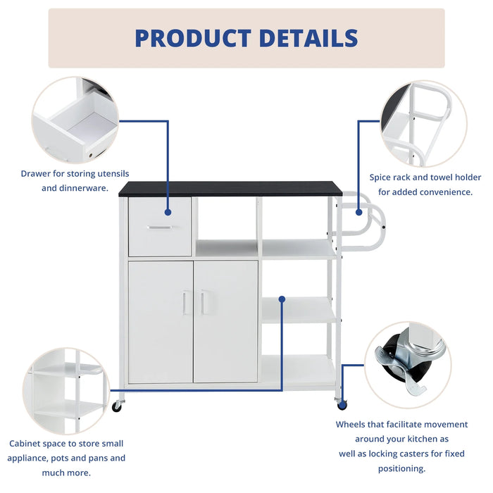 Rolling Kitchen Island with Storage, Kitchen Cart with Solid Wood Countertop, Drawer, Adjustable Shelf and Wine Rack, White