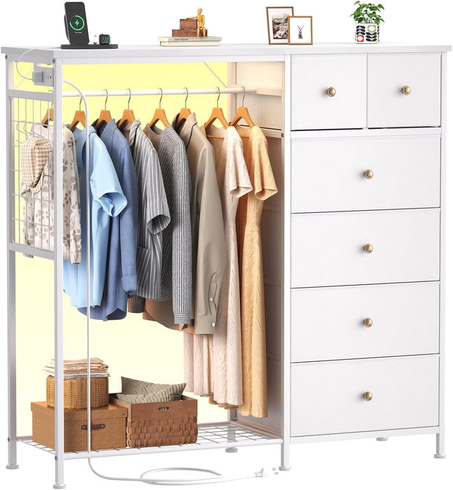 Blorly 6-Drawer Dresser with Clothes Rack & Charging Station, Garment Rack with Hanging Rod & Side Hooks, Free Standing Closet Organizer Storage Shelves for Bedroom, Cloakroom, White