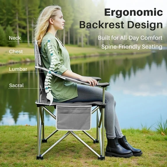 Sybels Oversized Camping Chair with Cooler Bag & Cup Holder, Heavy Duty Folding Outdoor Chair, Portable for Beach, Fishing, Backyard, Picnics, Black