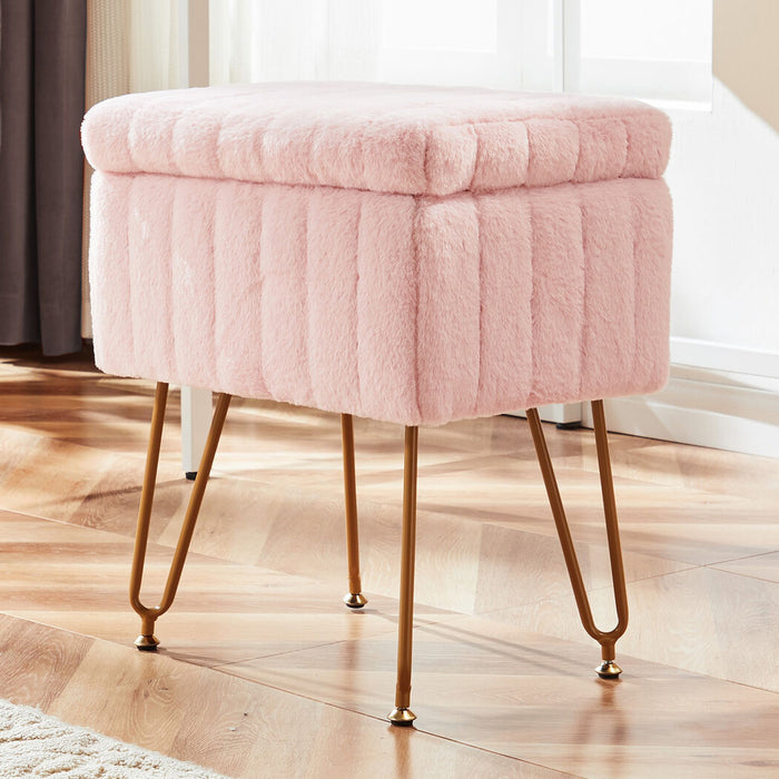 Simenmax Vanity Stool Chair with Storage, Ottoman Faux Fur Soft Padded Makeup Footstools Seat, Gray