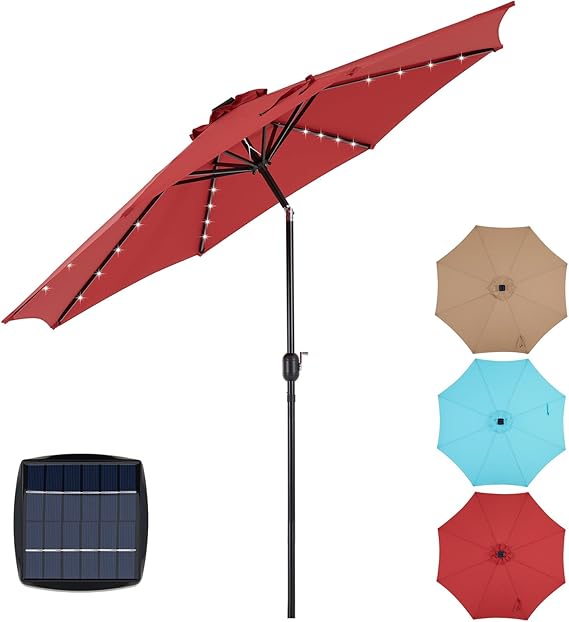 Sybels 10FT Outdoor LED Patio Umbrella, Push Button Tilt & Easy Crank for Pool, Beach, Restaurant, Khaki