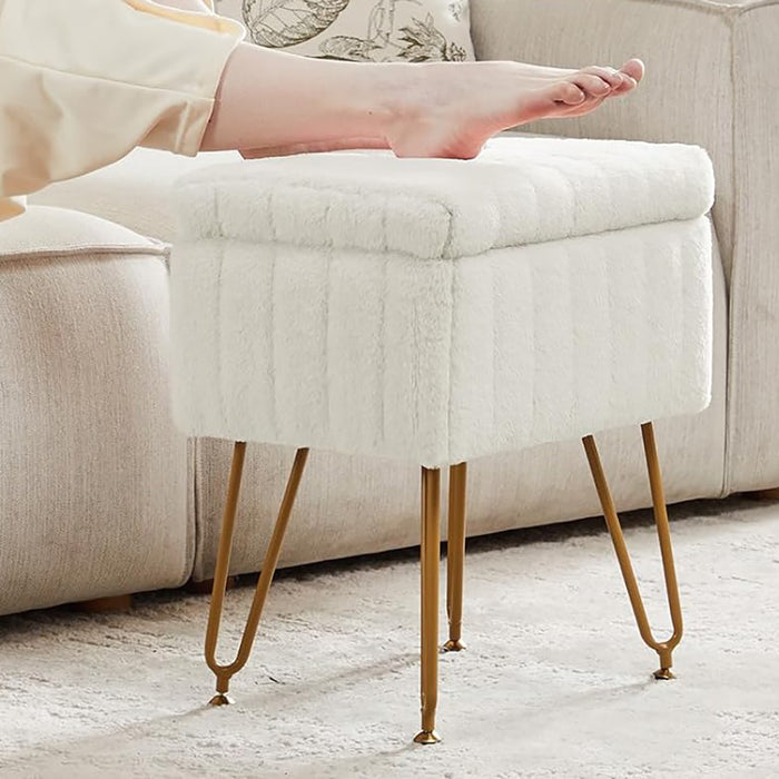 Simenmax Vanity Stool Chair with Storage, Ottoman Faux Fur Soft Padded Makeup Footstools Seat with 4 Metal Legs Anti-Slip Adjustable Feet Modern Cute Small Footrest for Home Entryway Bedroom,Pink
