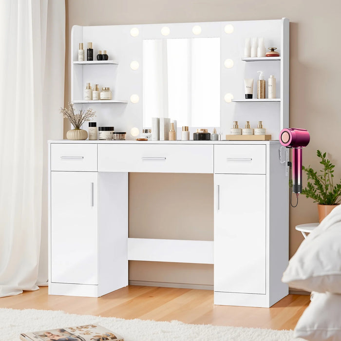 Beddle Vanity Desk with Mirror and Lights, Makeup Vanity Table for Bedroom with Storage Cabinet,3-Color LED Lighting,White