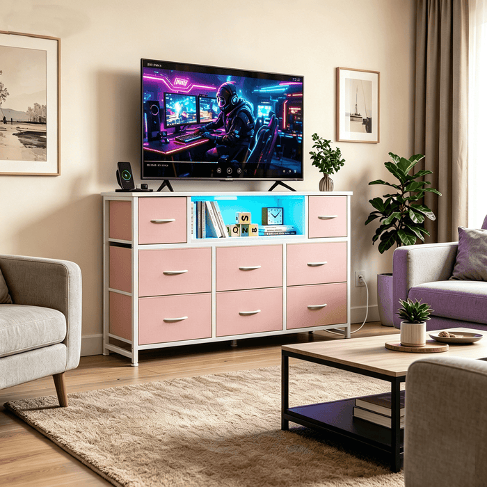 Blorly 8-Drawer TV Stand with LED Lights & Power Outlet, Entertainment Center with Open Storage Shelf, Tall Dresser for 50/55 inch TV, Media Console with Charging Station for Bedroom & Living Room, Pink