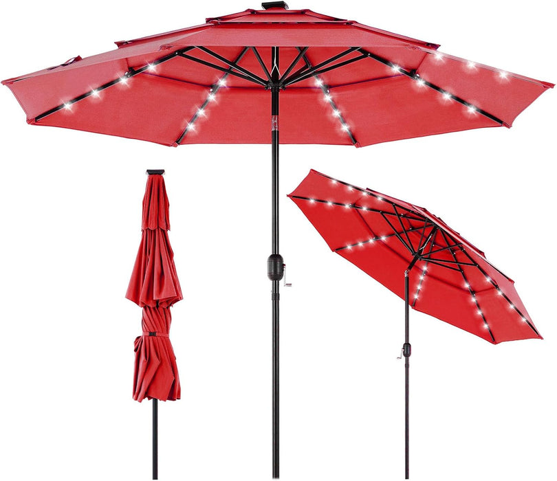 Sybels 9.2FT Solar Patio Umbrella with 32 LED Lights, 3-Tier Tilt, Outdoor Market Umbrella for Backyard, Beach, Garden