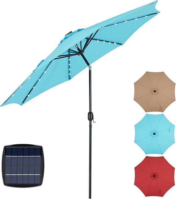 TINKLE WELL 10FT Solar Patio Umbrella with 32 LED Lights, Push Button Tilt & Crank, 8 Sturdy Ribs for Pool, Beach & Restaurant