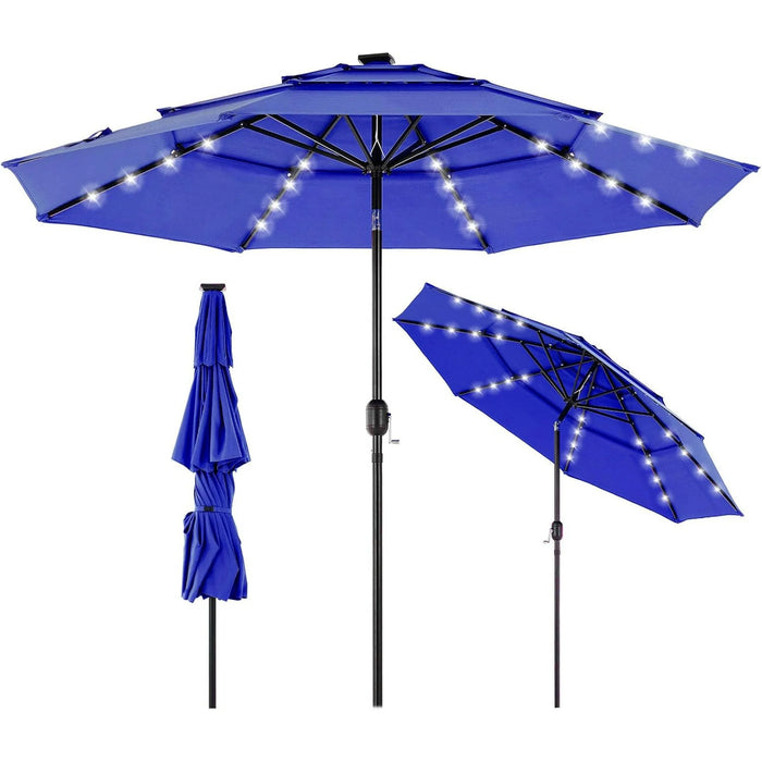 Sybels 9.2FT Solar Patio Umbrella with 32 LED Lights, 3-Tier Tilt, Outdoor Market Umbrella for Backyard, Beach, Garden, Blue