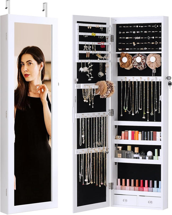 TINKLE WELL Jewelry Cabinet Organizer with Mirror, Wall or Door Mounted Jewelry Storage, 47.2 Inch Large Capacity Armoire with 6 LEDs Secure Lock, White
