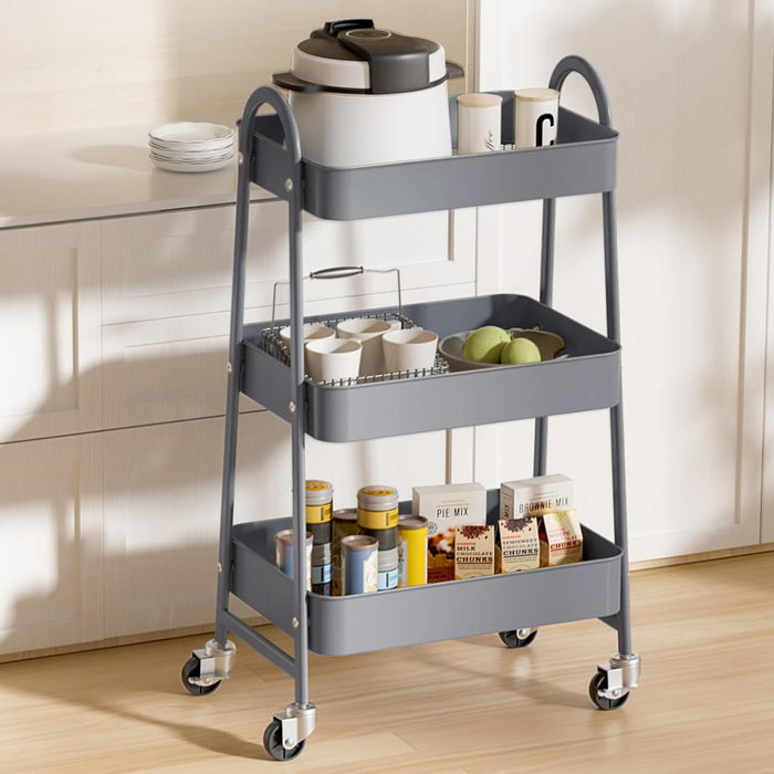 Bigleap Rolling Utility Cart, 3-Tier Metal Storage Trolley with Handle and Lockable Wheels, Multifunctional Organizer for Office, Kitchen, Living Room, Bathroom,Gray