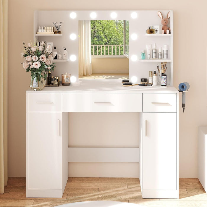 TINKLE WELL Vanity Desk with Mirror & LED Lights, Makeup Cabinet with 3 Drawers & 3 Shelves, Power Outlet & 3 Adjustable Lighting, White