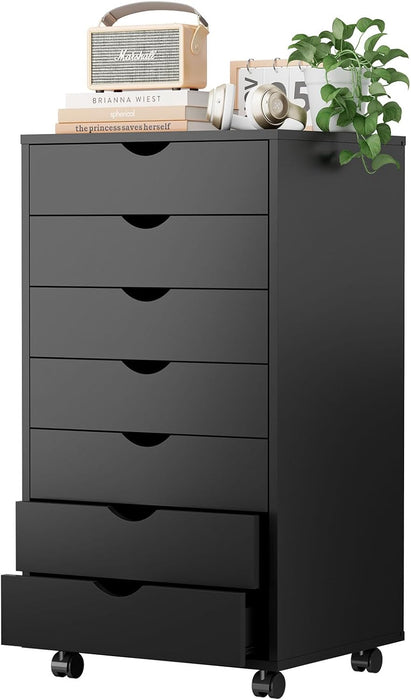 TINKLE WELL 7 Drawer Wooden Rolling File Cabinet, Mobile Compact Storage Dresser for Home Office Organization, White