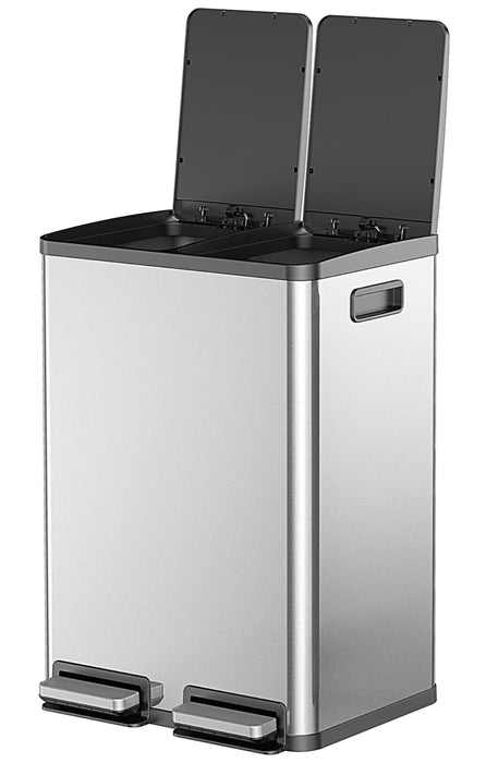 Simenmax 60L Dual Compartment Trash Can with Lid, Stainless Steel Sealed Garbage Bin, Soft-Close Pedal Operation for Kitchen, Office, Home