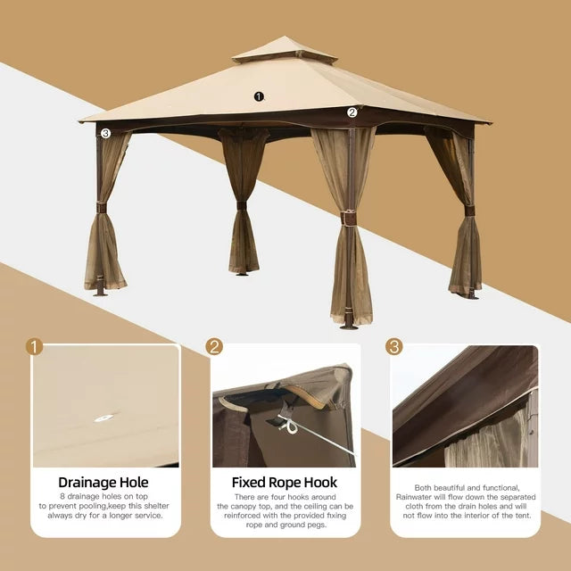 Patio Gazebo,Outdoor Pergola,10x13ft Gazebo with Mosquito Netting,Waterproof Double-Roof Canopy,Metal Frame Canopies