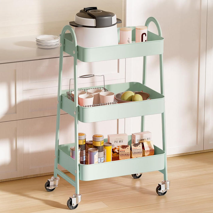 Bigleap Rolling Utility Cart, 3-Tier Metal Storage Trolley with Handle and Lockable Wheels, Multifunctional Organizer for Office, Kitchen, Living Room, Bathroom,Green