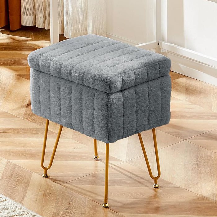 Simenmax Vanity Stool Chair with Storage, Ottoman Faux Fur Soft Padded Makeup Footstools Seat with 4 Metal Legs Anti-Slip Adjustable Feet Modern Cute Small Footrest for Home Entryway Bedroom,Pink