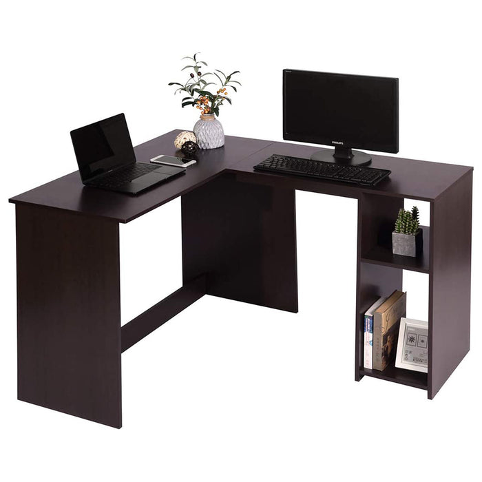 Computer 47'' Home Office Storage Shelves, Modern L-Shaped Wood Laptop Table Save Small Space Writing Desk, Brown