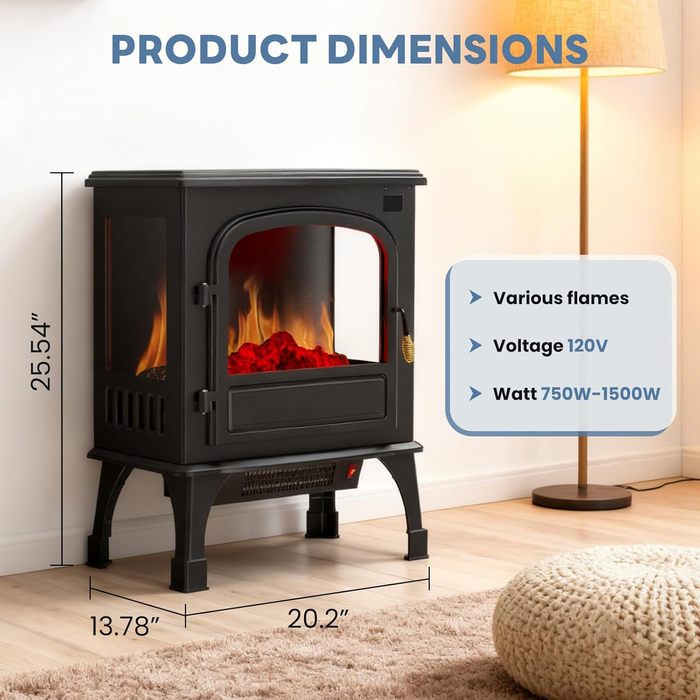 Beddle Freestanding Electric Fireplace Stove with Adjustable 3D Flame, Safe & Easy-to-Use Heater for Home Office, Compact Corner Design, Inky