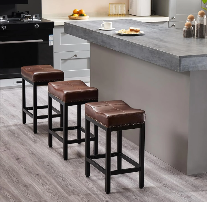 TINKLE WELL Bar Stools Counter Height - 24 Inch Saddle Stools, PU Leather Modern Kitchen Barstools with Metal Base Footrest