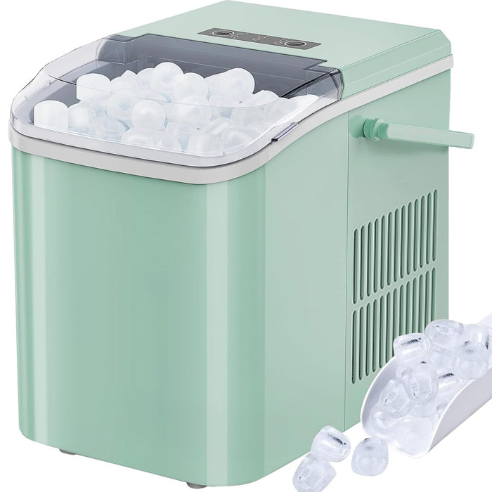 TINKLE WELL Ice Maker, 9Pcs/6Min, Self-Cleaning Portable Ice Maker Machine, 40 db quieter processing, 26Lbs/24H with Ice Scoop and Handle, 2 Sizes Bullet Cubes Makers,Green