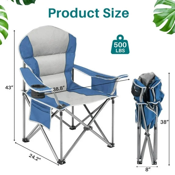 Sybels Set of 2 Oversized Camping Chair with Cooler Bag & Cup Holder, Heavy Duty 500lb Capacity Folding Outdoor Chair, Portable for Beach, Fishing, Backyard, Picnics, Blue