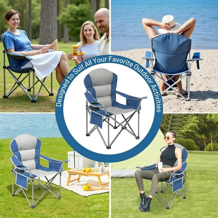 Sybels Oversized Camping Chair with Cooler Bag & Cup Holder, Heavy Duty Folding Outdoor Chair, Portable for Beach, Fishing, Backyard, Picnics, Blue