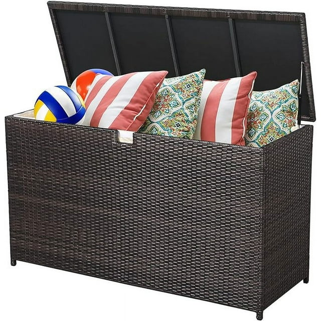 120 Gallon Outdoor Storage Box with Waterproof Inner, Large Wicker Patio Storage Bin, Deck Boxes for Cushions, Garden Tools, Pool Toys, Aluminum Frame, Black