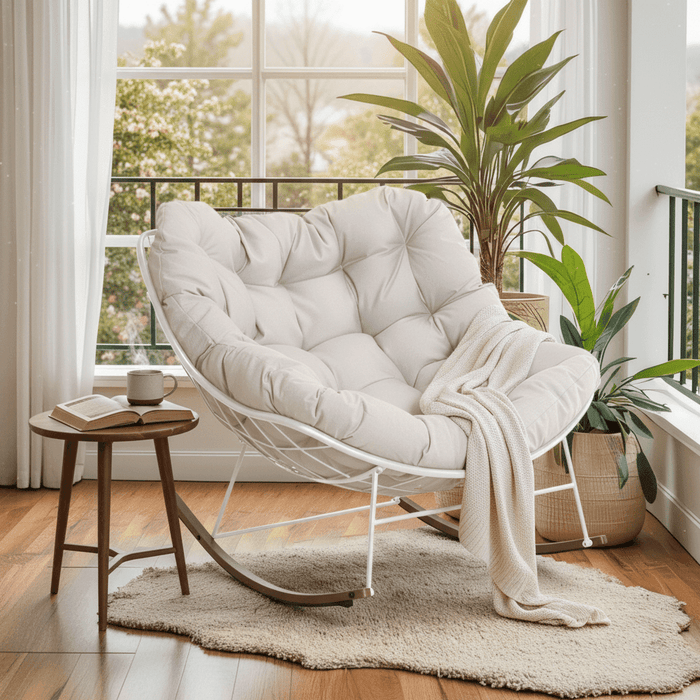 Betcozy Outdoor Rocking Chair, Patio Egg Rocking Chair, Indoor Papasan Chair, Rattan Wicker Lounge Chair, Modern Royal Chair for Bedroom, Living Room, Porch, Garden, Lawn-Beige