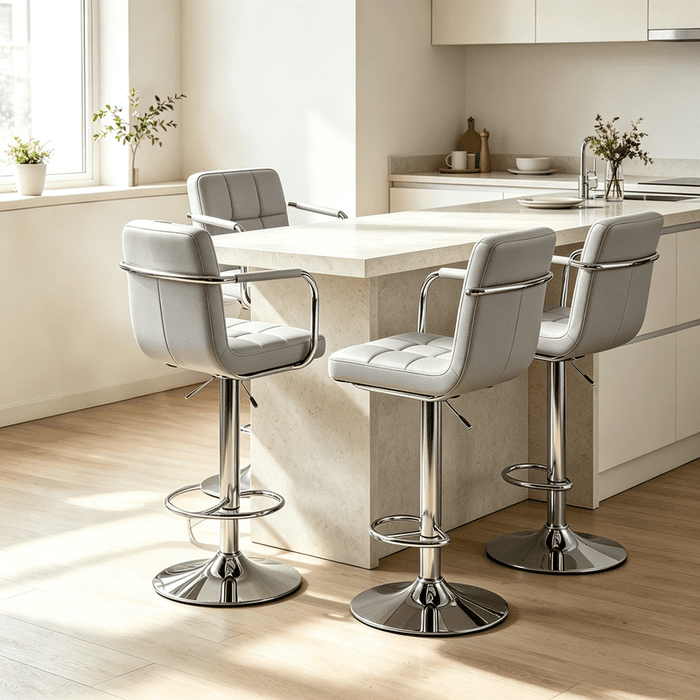 Betcozy 4 PCS Adjustable Swivel Bar Stools with Armrests, Quilted PU Leather with Chrome Base & Footrest, 350 Lbs Weight Capacity for Kitchen Island Home Bar, Gray