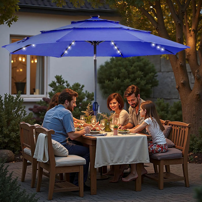 Sybels 9.2FT Solar Patio Umbrella with 32 LED Lights, 3-Tier Tilt, Outdoor Market Umbrella for Backyard, Beach, Garden, Blue