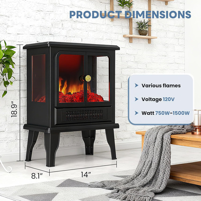 Beddle Freestanding Electric Fireplace Stove with Adjustable 3D Flame, Safe & Easy-to-Use Heater for Home Office, Compact Corner Design, Inky