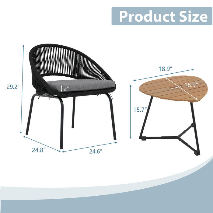 3 Piece Outdoor Bistro Set, Woven Rope Conversation Patio Set, All Weather Patio Furniture Chairs with Cushions and Coffee Table for Porch, Balcony, Garden, Backyard