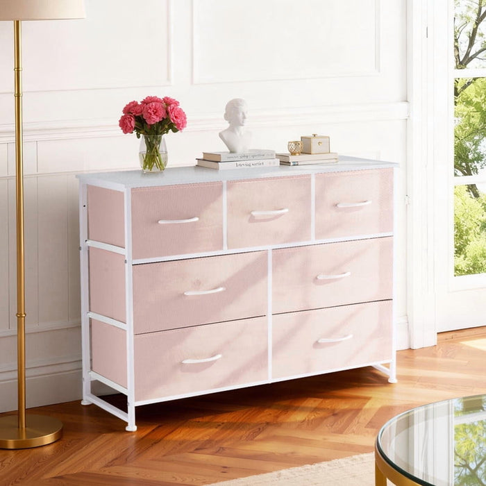 Bigleap 7 Drawer Dresser TV Stand, Dresser with Metal Frame and Wood Top, Chest of Drawers for Bedroom, Living Room, Pink