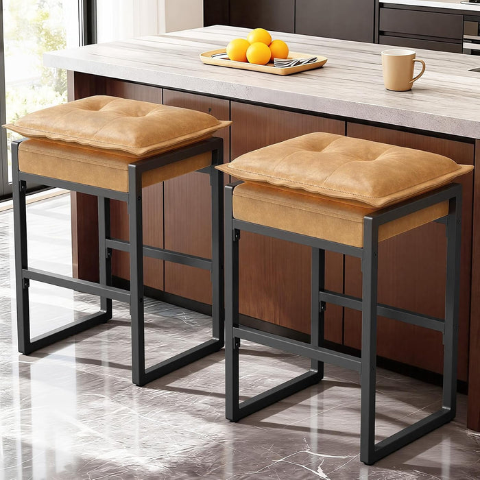 Blorly Set of 2 Bar Stools with Double Cushion, Modern PU Leather Counter Height Chairs, Metal Base & Footrest for Kitchen Island, Dining Room, Bar, Supports 396 lbs, Brown