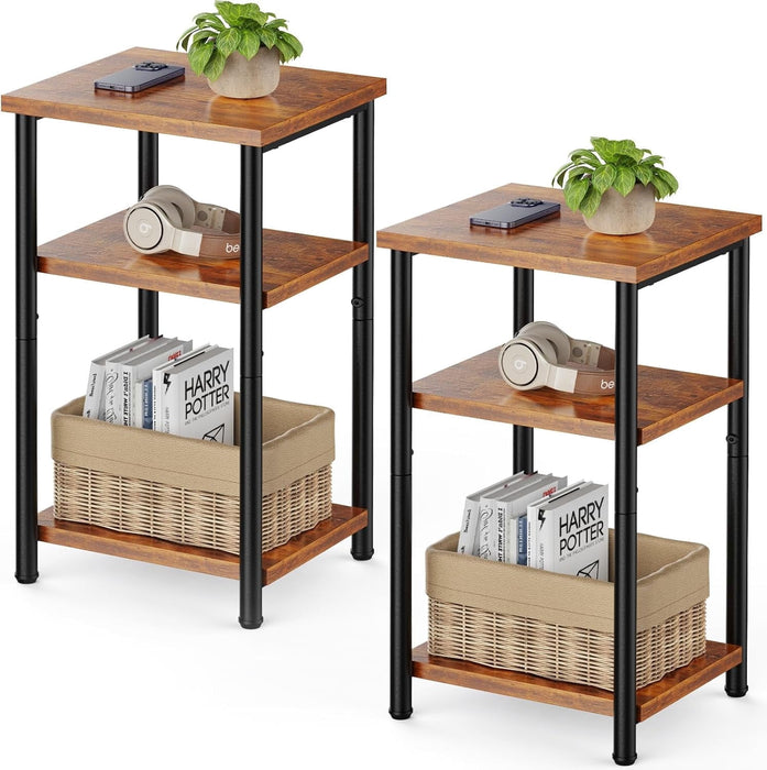 Nextay 3-Tier End Table, Side Table with Storage Shelf and Adjustable Feet, Small Nightstand for Living Room, Bedroom, Office, 2-Pack