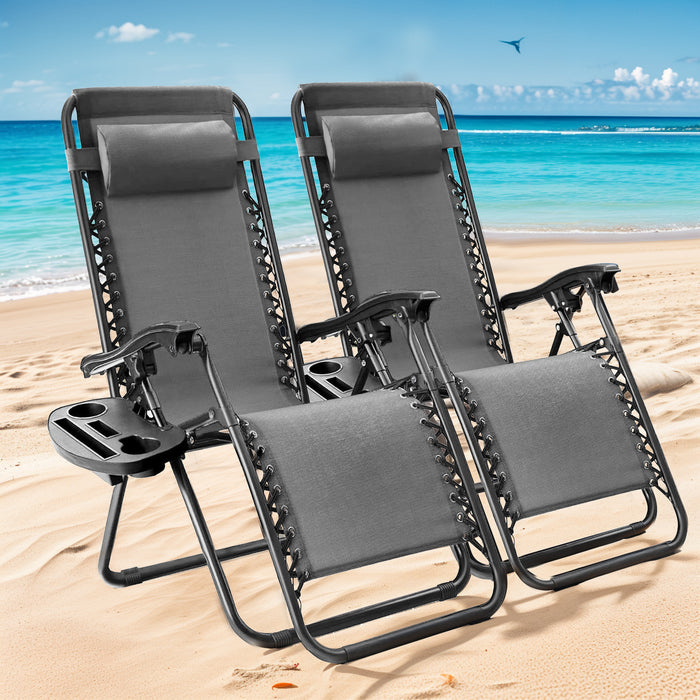 TINKLE WELL Set of 2 Zero Gravity Recliner Chairs, Portable Folding Lounge Chairs for Outdoor Relaxation, Featuring Adjustable Headrest Pillows, Cup Holder Trays, and Ergonomic Design