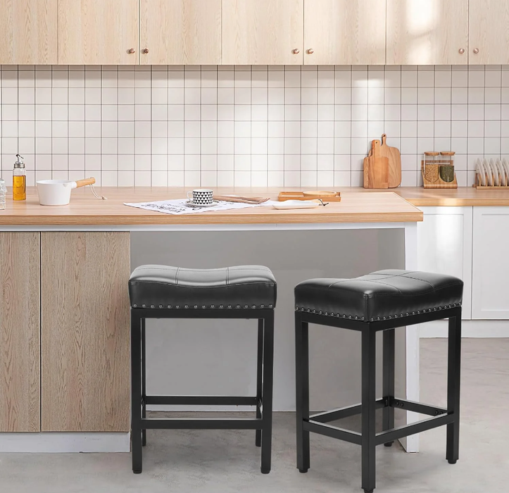 TINKLE WELL Bar Stools Counter Height - 24 Inch Saddle Stools, PU Leather Modern Kitchen Barstools with Metal Base Footrest