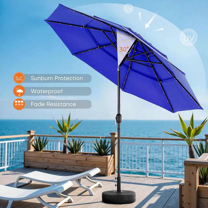 Sybels 9.2FT Solar Patio Umbrella with 32 LED Lights, 3-Tier Tilt, Outdoor Market Umbrella for Backyard, Beach, Garden, Blue