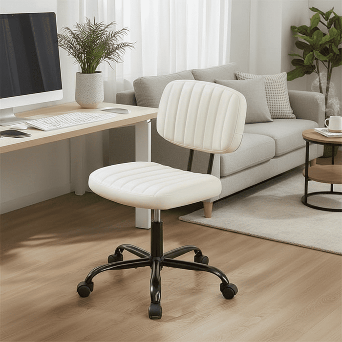 Betcozy Desk Chair, Armless Activity Chair with Wheels, Comfy Low Back Swivel Task Chair, White