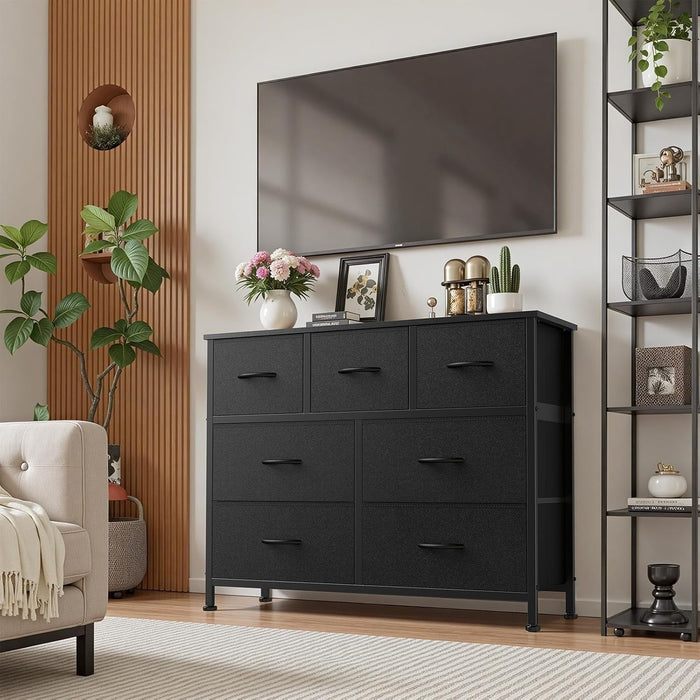 Betcozy 7-Drawer Fabric Dresser, Horizontal TV Stand & Main Bedroom Clothes Storage Unit, Metal Frame with Wooden Top, Black