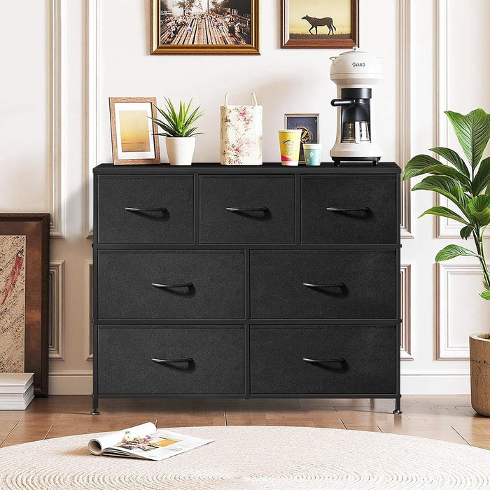 Ethovia 7-Drawer Fabric Storage Dresser, Sturdy Steel Frame with Wooden Tabletop, Wide Foldable Bins, Perfect for Bedroom, Hallway, and Entryway, Black