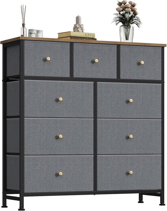 Simenmax 9 Drawers Dresser for Bedroom, Tall Fabric Closet Chests Organizer Tower Furniture with Wooden Top Metal Frame for Clothes, Room, Living Room, Hallway, Entryway,Blue Gray