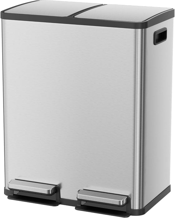 Taoset Kitchen Trash Can, 16 Gallon Garbage Can with Dual Inner Bins, 60 Liter Large Capacity Trash Can with Soft-Close Foot Pedal, Stainless Steel