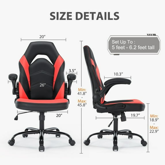 Ergonomic Gaming Chair, High Back PU Leather Computer Desk Chair with Lumbar Support, Flip-up Armrests & Adjustable Height