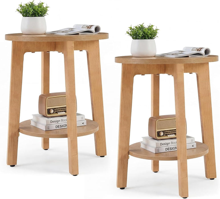Simenmax 2PCS Round Side Table, 2-Tier Wood End Table with Storage Shelf, Nightstand for Bedroom, Small Spaces,Wood