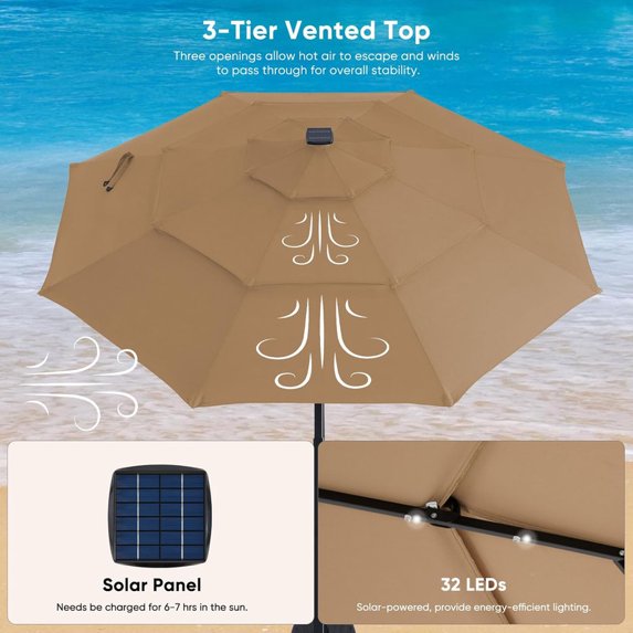 Sybels 9.2FT Solar Patio Umbrella with 32 LED Lights, 3-Tier Tilt, Outdoor Market Umbrella for Backyard, Beach, Garden, Khaki