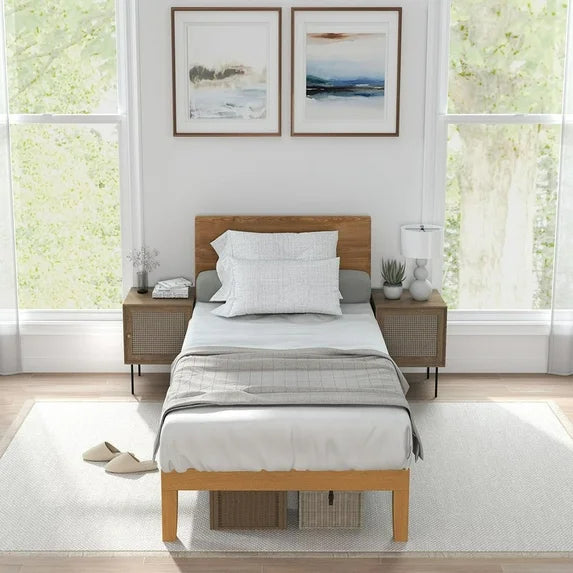 Sybels  Wood Bed Frame, Natural Pine Platform with Slat Support, No Box Spring Required