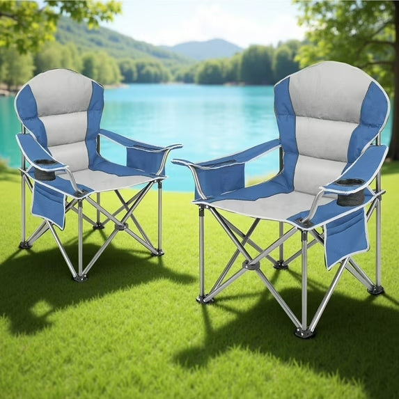 Sybels Set of 2 Oversized Camping Chair with Cooler Bag & Cup Holder, Heavy Duty 500lb Capacity Folding Outdoor Chair, Portable for Beach, Fishing, Backyard, Picnics, Blue