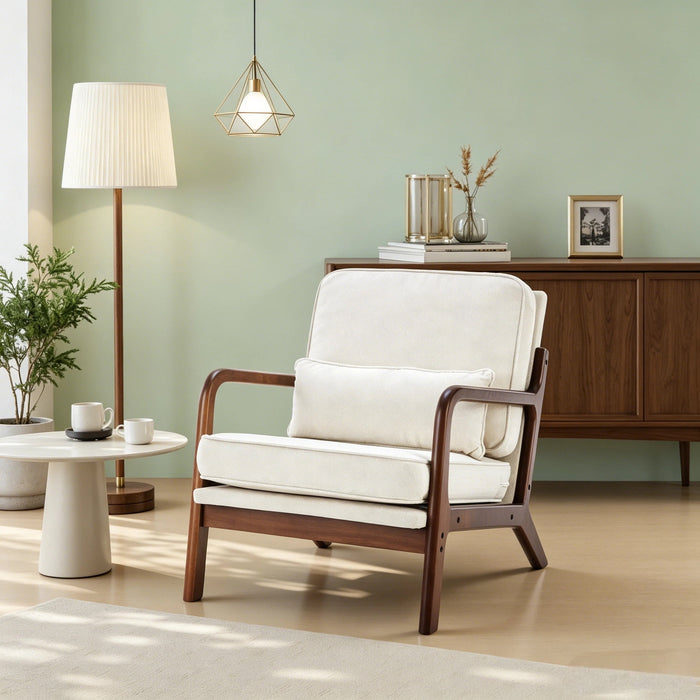 Mid-Century Modern Accent Chair, Modern Armchair with Cushion, High Quality Wood Frame, Solid Wood Frame Armchair for Living Room & Reading Room, Beige